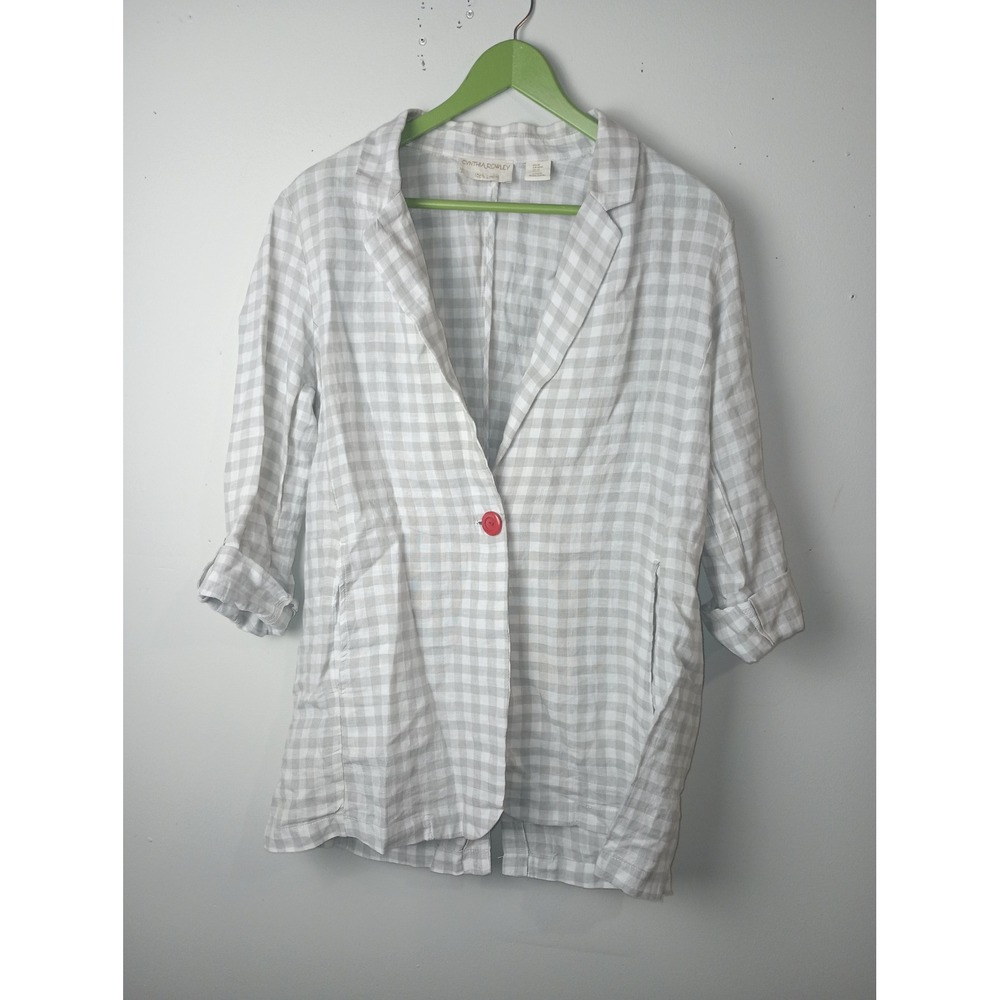 Cynthia Rowley Women Grey Gingham 100% Linen Blazer Jacket Red Button Size M